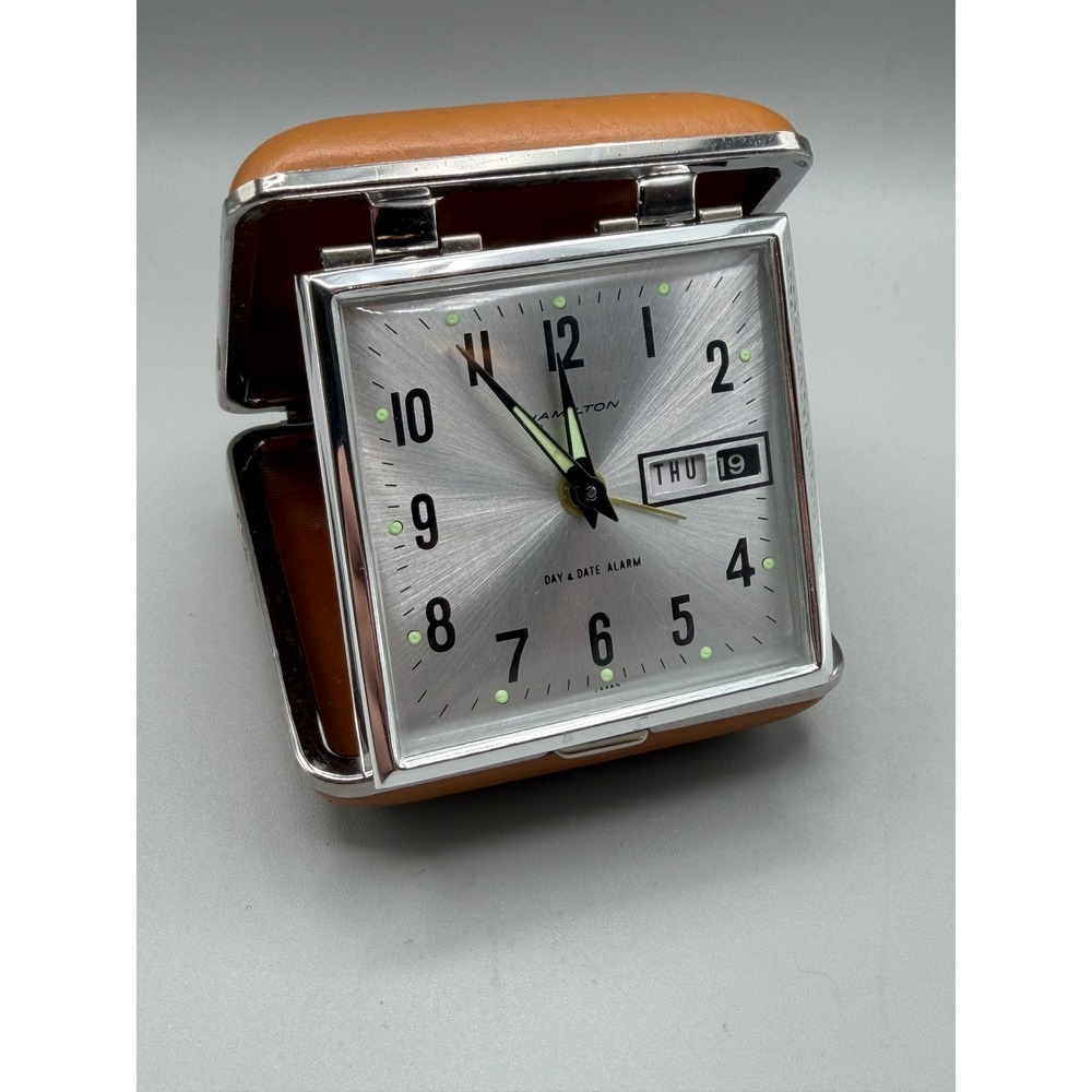 Vintage Hamilton Travel Alarm Clock Day Date Folding Case Japan Mid Century#1127